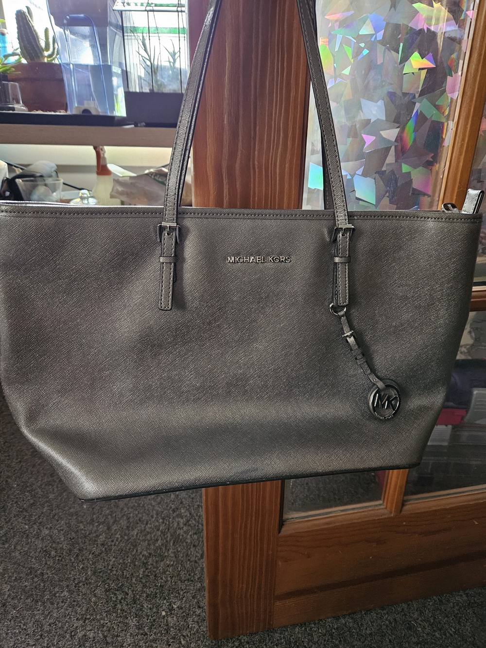 Michael Kors Large Metallic Silver Tote with MK Charm